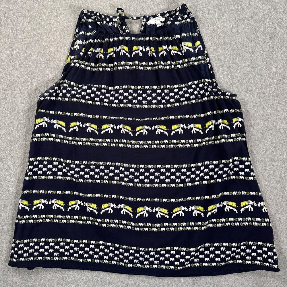 Crown & Ivy Elephant Halter Tank Top Blouse Women's Large Navy Blue Green White